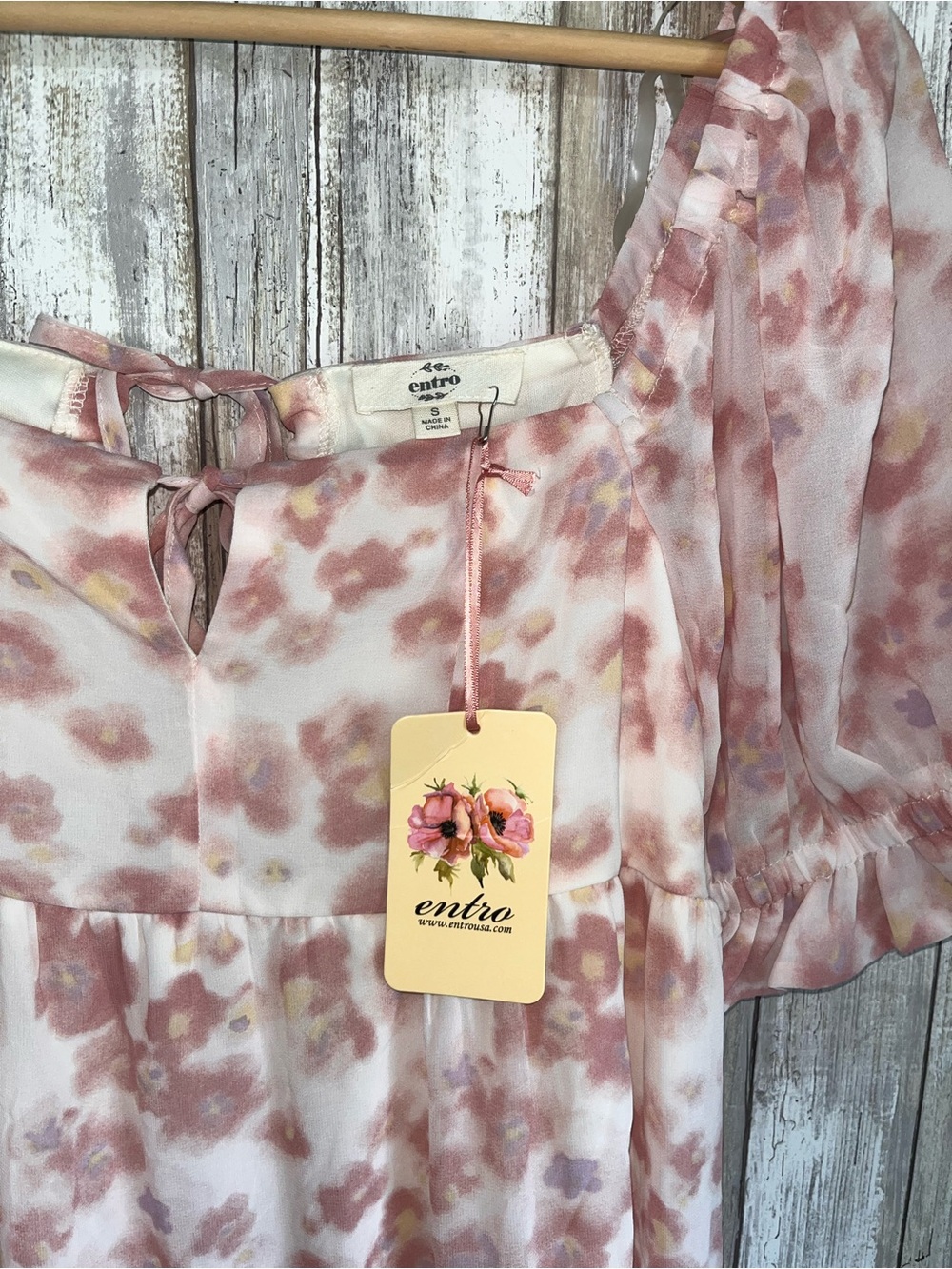 NWT Entro Pink Floral Puff Sleeve Open Back High Low Midi Dress S - Picture 6 of 7